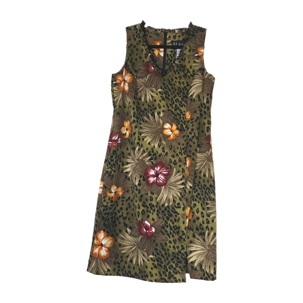Vintage Floral Animal Print Dress Womens 8 Green Tropical Cruise Beach Ruffle